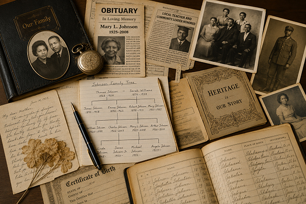 Family photographs, handwritten notes, and historical documents arranged on a table